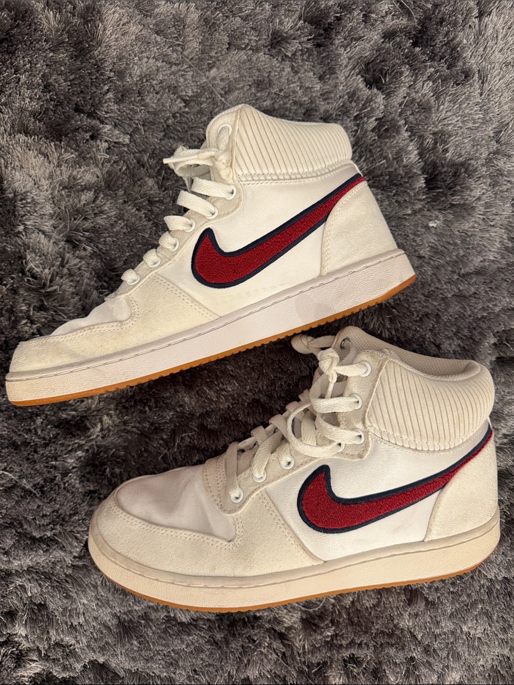 Nike Cream High-Top Sneakers with Red & Navy Swoosh